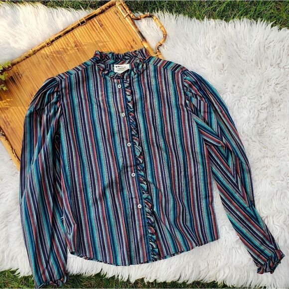 Vtg Ruffle Detail TRY 1 Striped Multicolored Secretary Style Shirt. Sz S Fit - Picture 8 of 12